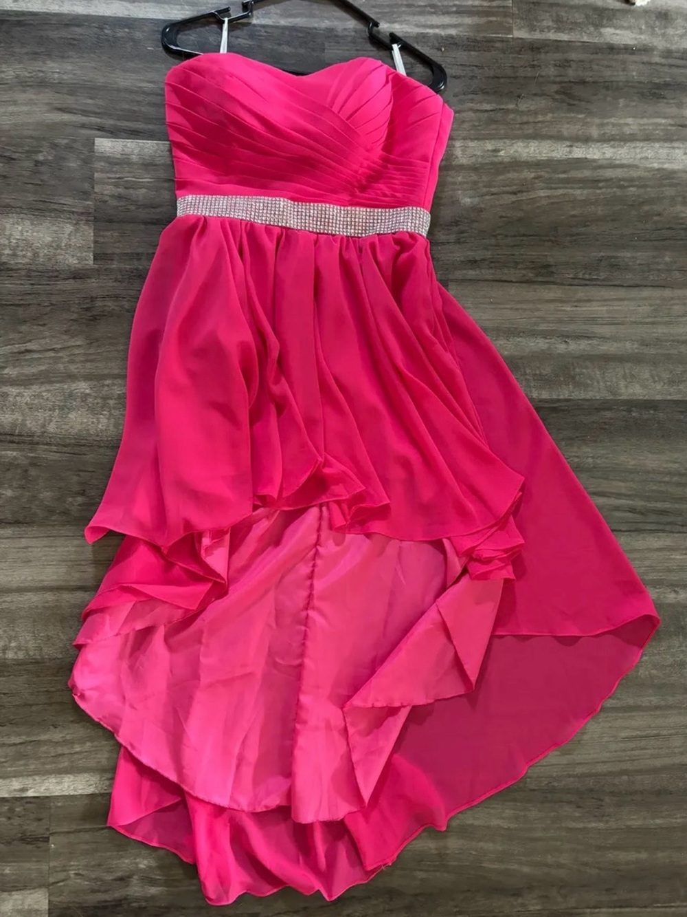 Strapless Hot Pink Hi-Low Party Dress with Rhinestone Waist Size 6, $68